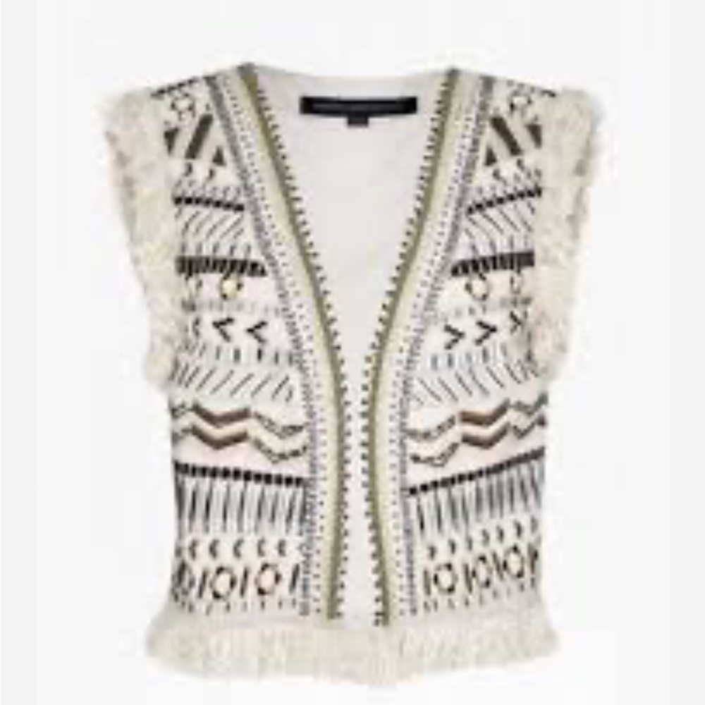 French Connection Cream Beaded Fringe Western Abstract Print Vest size 2